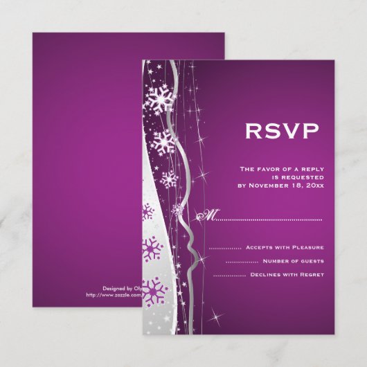 Paarse, zilvergrijze sneeuwvlok winterbruiloft RSV RSVP Kaartje (Voorkant / Achterkant)
