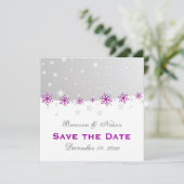 Paarse zilvergrijze sneeuwvlokbruiloft Bespaar de Save The Date (Staand voorkant)