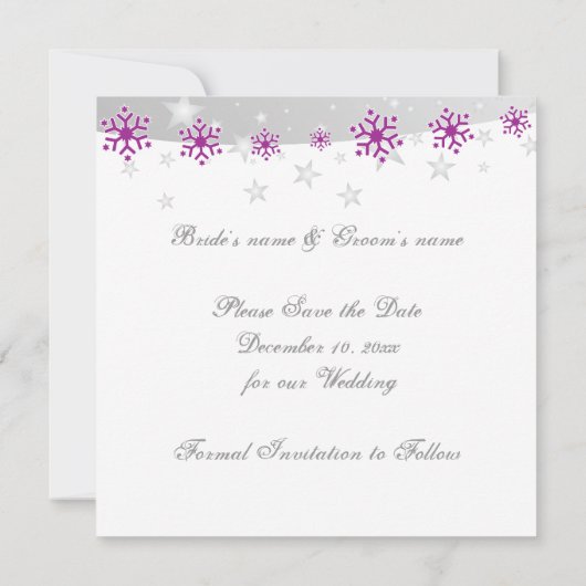 Paarse zilvergrijze sneeuwvlokbruiloft Bespaar de  Save The Date (Achterkant)