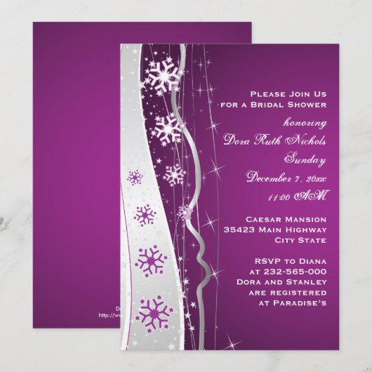 Paarse zilvergrijze sneeuwvlokken bruiloft vrijgez kaart (Voorkant / Achterkant)