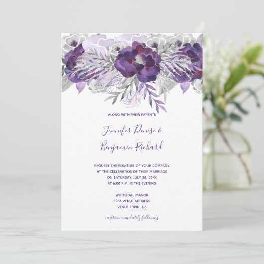 Paarse zilvergrijze Waterverf bloemenbruiloft Kaart (Staand voorkant)
