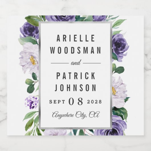 Paarse zilvergrijze Waterverf bloemenbruiloft Sparkling Wijnetiket (Enkel label)