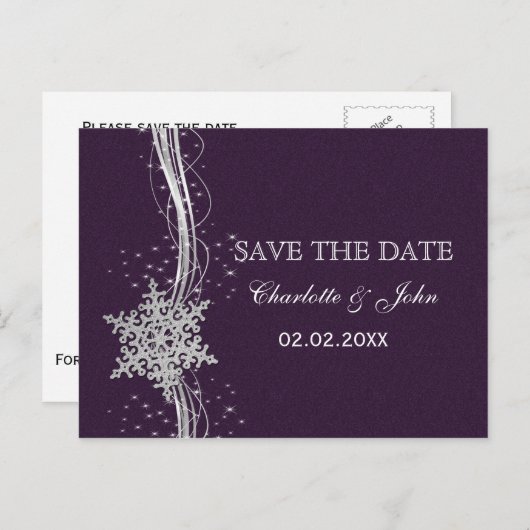 paarse zilversneeuwvlokken Winter behalve datum Aankondigingskaart (Voorkant / Achterkant)