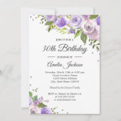 Paarse zilversparkle Floral 30th Birthday Invite Kaart (Voorkant)