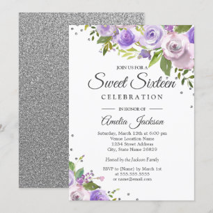 Paarse zilversparkle Floral Sweet Sixteen nodigt u Kaart