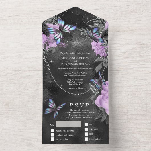 Paarse zilvervlinder met zwarte roos all in one uitnodiging (Binnen)