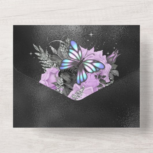 Paarse zilvervlinder met zwarte roos all in one uitnodiging (Achterkant)