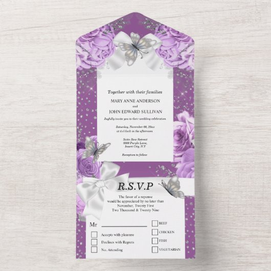 Paarse zilvervlinder roos satijnbuis all in one uitnodiging (Binnen)