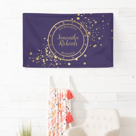 Paarse Zodiac Astrologie Gouden Sterren Spandoek (Insitu)