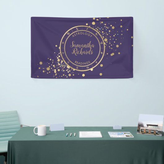 Paarse Zodiac Astrologie Gouden Sterren Spandoek (Beurs)