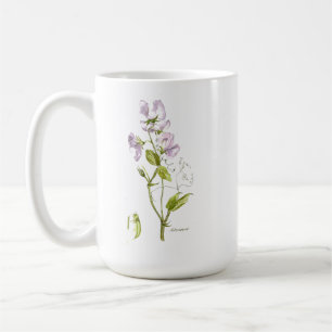 Paarse zoete peulbloem en gezegde koffiemok