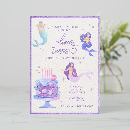 Paarse zolder en Waterverf zeemeermin Folie Uitnodiging (Staand Voorkant)