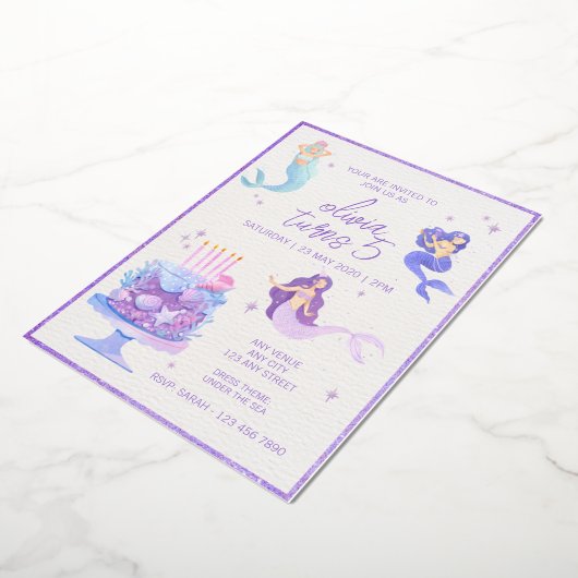 Paarse zolder en Waterverf zeemeermin Folie Uitnodiging (Gedraaid)