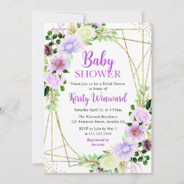 Paarse zomerbloemen en gouden lijst baby shower kaart