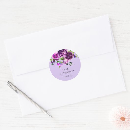 Paarse zomerbruiloft ronde sticker (Envelop)