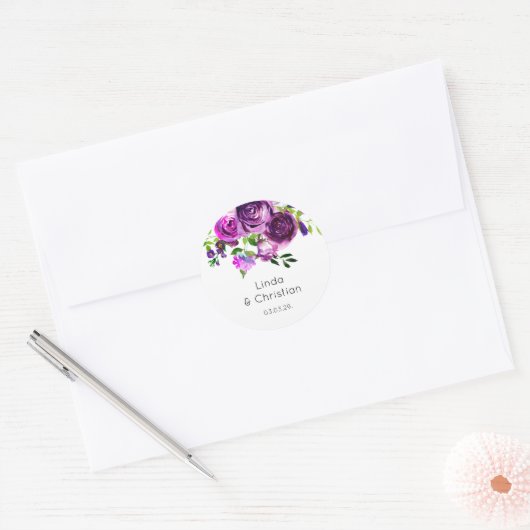 Paarse zomerbruiloft ronde sticker (Envelop)