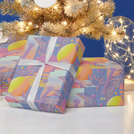 Paarse Zomerse Vaporwave Zonsondergang en Palmbome Cadeaupapier