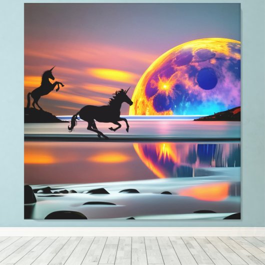 Paarse zon, eenhoorns, volle maan op het strand canvas afdruk (Insitu (Houten vloer))