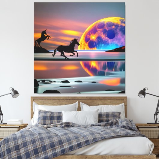 Paarse zon, eenhoorns, volle maan op het strand canvas afdruk (Insitu (Slaapkamer))