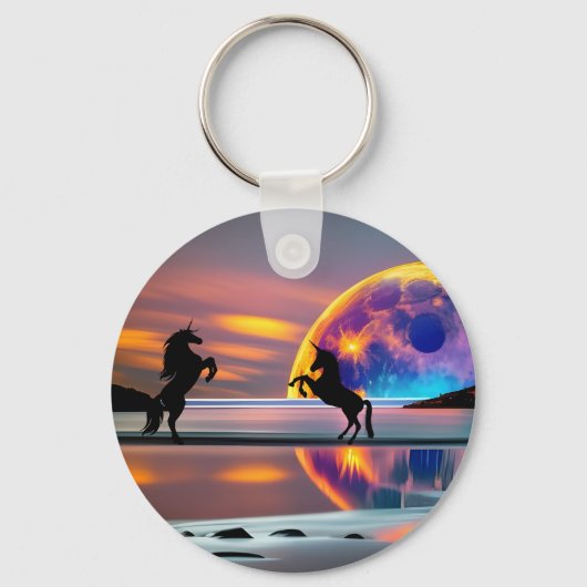 Paarse zon, eenhoorns, volle maan op het strand sleutelhanger (Achterkant)