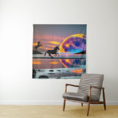 Paarse zon, eenhoorns, volle maan op het strand wandkleed (In situ)