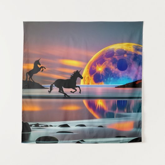 Paarse zon, eenhoorns, volle maan op het strand wandkleed (Voorkant)