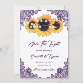Paarse Zonnebloem Bloemrijke Kant Rustieke Bruilof Save The Date