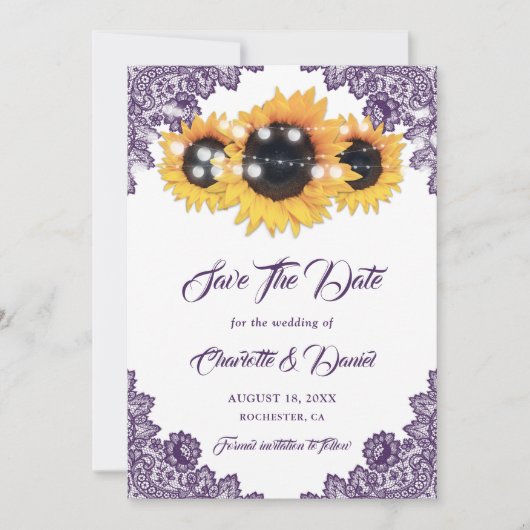 Paarse Zonnebloem Bloemrijke Kant Rustieke Bruilof Save The Date (Voorkant)