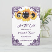 Paarse Zonnebloem Bloemrijke Kant Rustieke Bruilof Save The Date (Staand voorkant)