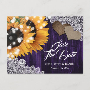 Paarse Zonnebloem Bruiloft Save The Date Briefkaar Aankondigingskaart