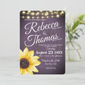 Paarse Zonnebloem en Lichten Rustieke Bruiloft Kaart (Staand voorkant)