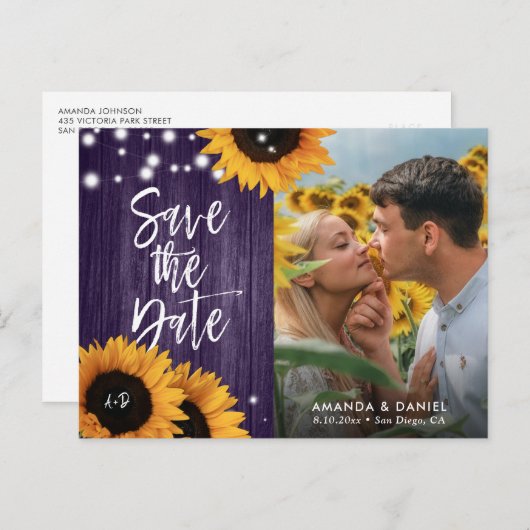 Paarse Zonnebloem Foto Bewaar De Datum Postkaart Aankondigingskaart (Voorkant / Achterkant)