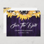 Paarse Zonnebloem Hout Lights Wedding Save The Dat Aankondigingskaart (Voorkant / Achterkant)