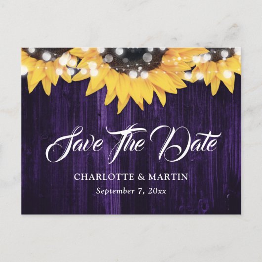 Paarse Zonnebloem Hout Lights Wedding Save The Dat Aankondigingskaart (Voorkant)