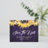 Paarse Zonnebloem Hout Lights Wedding Save The Dat Aankondigingskaart (Staand voorkant)