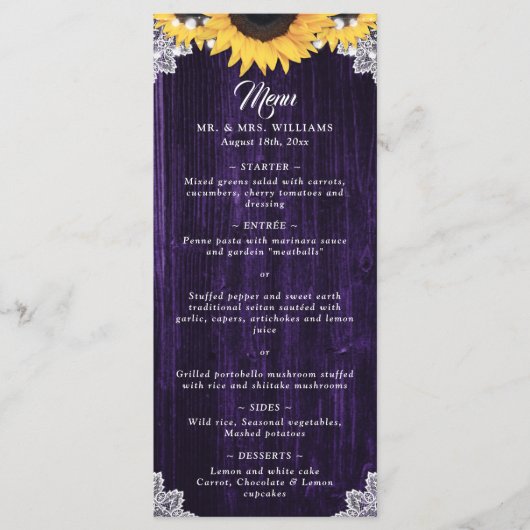 Paarse Zonnebloem Houten Bloemsluiers Bruiloftsmen Menu (Voorkant)