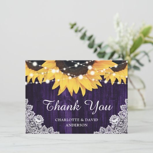 Paarse Zonnebloem Houten Strijklichten Bruiloft Bedankkaart (Staand voorkant)