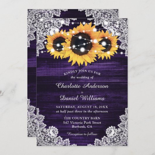 Paarse Zonnebloem Houten Strijklichten Bruiloft Kaart (Voorkant / Achterkant)