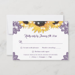Paarse Zonnebloem Kant Bruiloft Maaltijd Keuze RSVP Kaartje
