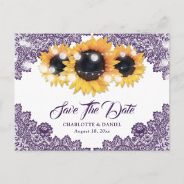 Paarse Zonnebloem Kant Trouw Save The Date Aankondigingskaart