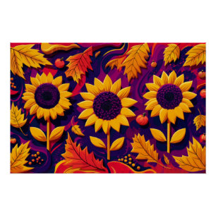Paarse Zonnebloem Trio, Folky Flowers voor Herfst Perfect Poster