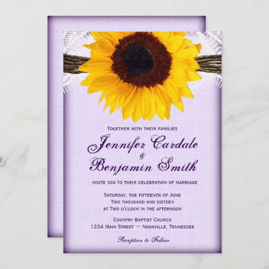 Paarse zonnebloem - trouwe country Wedding Invites Kaart (Voorkant / Achterkant)