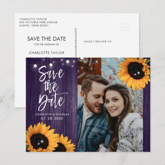 Paarse Zonnebloem Weddenschap sparen de Datum Foto Briefkaart (Voorkant / Achterkant)