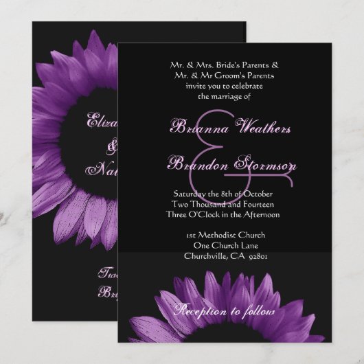 Paarse Zonnebloem Wedding Ver 002 Kaart (Voorkant / Achterkant)