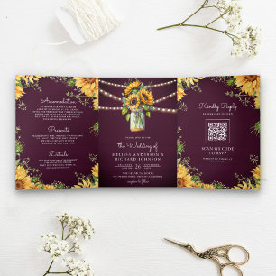 Paarse zonnebloemen in een metselpot met QR-code b Drieluik Uitnodiging