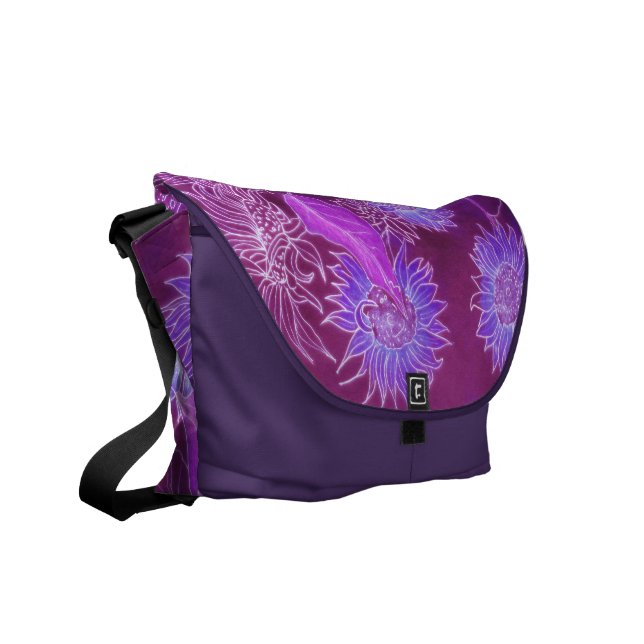 Paarse zonnebloemen messenger bag (Voorkant Links)