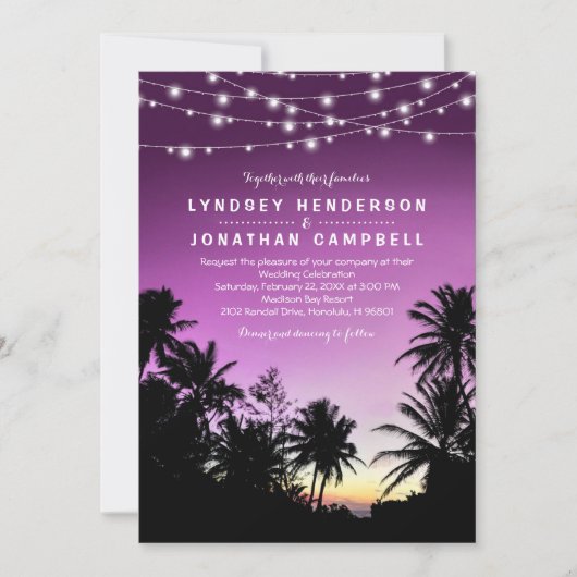 Paarse zonnepalmstralen straten bruiloft kaart (Voorkant)