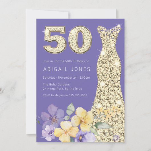 Paarse & Zonneschijn Gouden Gown 50ste Verjaardags Kaart (Voorkant)