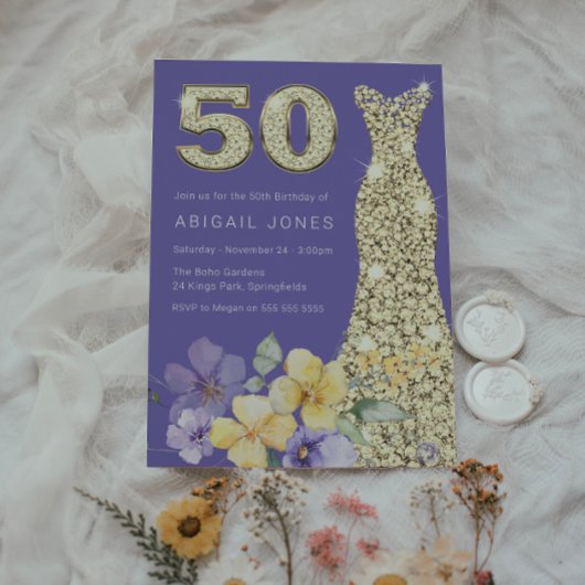 Paarse & Zonneschijn Gouden Gown 50ste Verjaardags Kaart