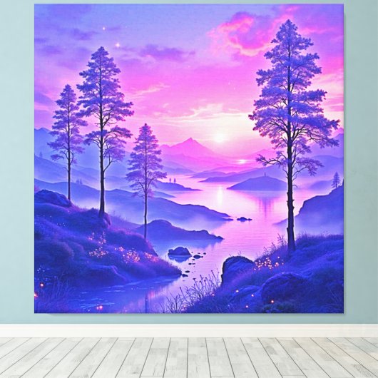 Paarse zonsondergang landschapskunst canvas afdruk (Insitu (Houten vloer))